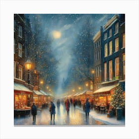 Amsterdam cafes, winter season, Christmas, autumn oil colors, pale colors, pedestrians in the street, winter clothes, falling snow.4 Lienzo