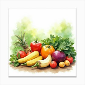 Graceful Watercolor Composition Of Fresh Veggies And Fruits With A Dreamy Backdrop 1 Canvas Print