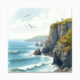 A Serene English Coastal Cliff With Crashing Waves And Seagulls, Watercolor Style 1 Canvas Print