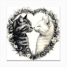 Delicate Ink Drawing of Cats Love Heart 5 Canvas Print