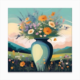 Flower Vase Decorated with Prairie Landscape, Blue, Orange and Green Canvas Print