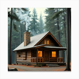 A Cozy Cabin In The Woods, Smoke Curling From Its Chimney, Rendered In A Photorealistic Style With Vibrant, Complementary Bronze And Contrasting Colors, Showcasing An Antique Patina Finish And Balanced Tones Leinwandbild