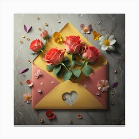 An open red and yellow letter envelope with flowers inside and little hearts outside 7 Canvas Print