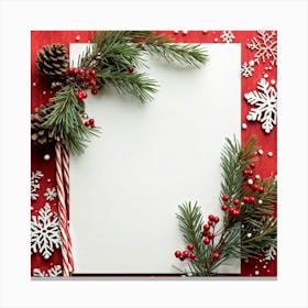 Evergreen Tree Branch With Red Berries And Pine Cones Adorned With Rustic Wooden Decorations Crafte (4) Canvas Print