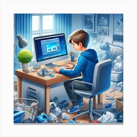 Boy Working On Computer In Messy Room Canvas Print