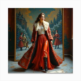 Russian Woman In Red Coat Canvas Print