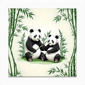 Panda Bear Among Bamboos, White, Black and Green Canvas Print