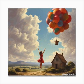 Girl Flying Over A House Canvas Print