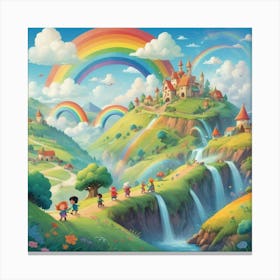 A playful and colorful children’s illustration of a fantasy world with cute characters, rolling hills, fluffy clouds, and a rainbow-filled sky. The scene is joyful and imaginative, full of fun details 2 Canvas Print