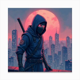 Ninja Fighter In A Watercolor City Rooftop With Neon Glow 1 Canvas Print