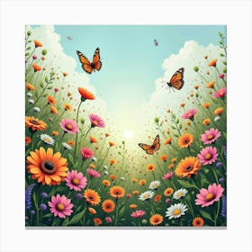 An English Flower Garden In Full Bloom With Butterflies Fluttering Around 1 Canvas Print