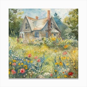 The Little Old Farmhouse Watercolor Painting | Wildflowers Americana Idyllic Art Prints | Flowers Botanical Dreamy Perfect Nostalgia Canvas Print