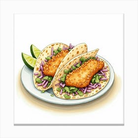 A Charming Watercolor Image Of A Plate Of Crispy And Flavorful Fish Tacos With A Side Of Coleslaw 2 Canvas Print