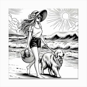 Line Art lady with a dog on the beach 3 Canvas Print