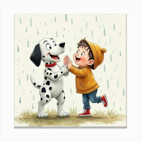 Playful Dalmatian And Child Having Fun In The Rain, Watercolor 1 Canvas Print