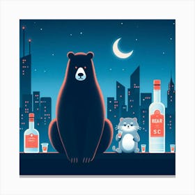 Bear And Cat In The City Canvas Print