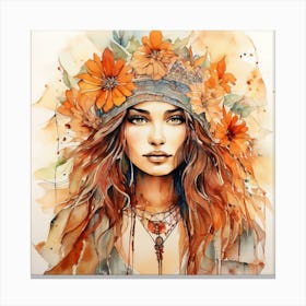 Boho Girl, Watercolor Of A Girl With Flowers Canvas Print