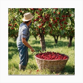Farmer Picking Cherries In The Orchard Canvas Print
