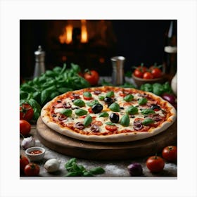 Pizza In Front Of Fireplace Canvas Print