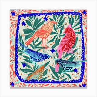 Birds And Leaves Square Canvas Print