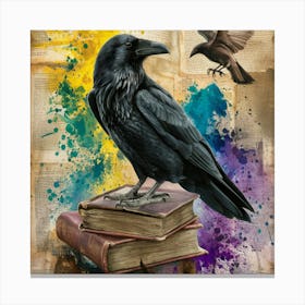 Raven And Book A captivating artwork that blends elements of nature and literature. Dominating the center is a detailed, black raven perched atop an old, worn-out book. The book itself is open, revealing its aged pages. Surrounding the raven and book are splatters of paint in vibrant hues of yellow, blue, and purple. To the right, a smaller bird is captured in mid-flight, adding a dynamic touch to the composition. The background is a textured canvas of faded, distressed paper, possibly pages from an old book, with faint, cursive writing visible. The entire scene exudes a sense of mystery, history, and the passage of time., dark fantasy, vibrant, painting Canvas Print