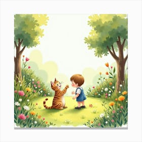 Watercolor Scene Of A Kitten And A Child Playing In A Sunny Garden Canvas Print