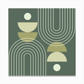 Modern Mid Century Sun, Moon Phases and Rainbow Abstract 19 in Forest Sage Green Canvas Print