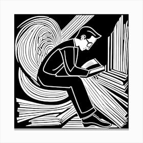 Reading A Book Linocut Black And White Painting, 322 Canvas Print