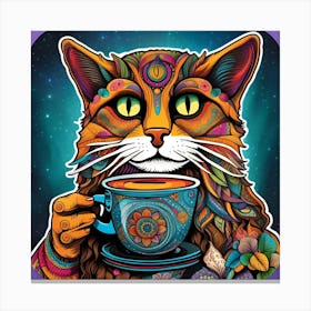 Cat With A Cup Of Tea Whimsical Psychedelic Bohemian Enlightenment Print 6 Canvas Print