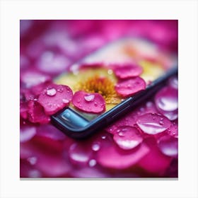 A Close Up Of A Delicate Mobile Phone On A Vibrant Flower Petal, Showcasing Its Reflective Surface A Canvas Print