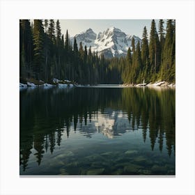 A Calm Lake Surrounded By Dense Pine Forests And Towering Snow Capped Mountains 1 1 Canvas Print