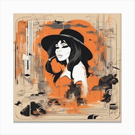 A Silhouette Of A Ape Wearing A Black Hat And Laying On Her Back On A Orange Screen, In The Style Of (1) Canvas Print