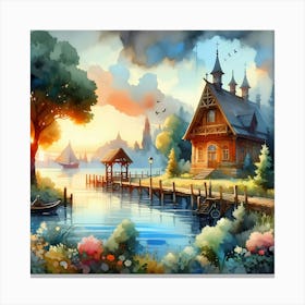 Watercolor House By The Lake 1 Canvas Print