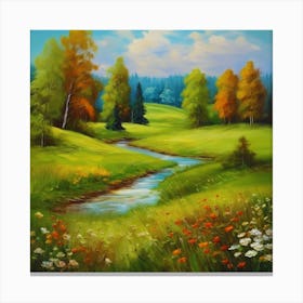 Canada's forests. Dirt path. Spring flowers. Forest trees. Artwork. Oil on canvas.3 Canvas Print