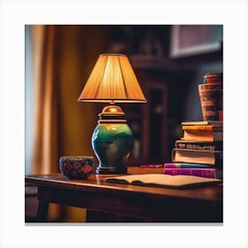 Writing desk, books and Green Lamp Canvas Print