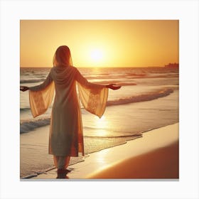 Woman On The Beach At Sunset Canvas Print