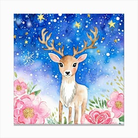 Watercolor Illustration Of A Charming Baby Reindeer With Soft Playful Antlers Nestled In A Snow Cov Canvas Print