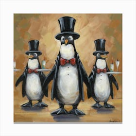 Whimsical Waiter Penguins Parade Print Art Canvas Print