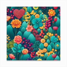 Seamless Pattern With Flowers And Hearts Canvas Print