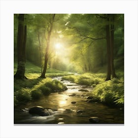 A captivating scene of a lush green forest with golden sunlight filtering through the trees. The leaves are gently swaying in the breeze, and a stream flows with sparkling water, reflecting the light. The atmosphere should be peaceful and serene Canvas Print