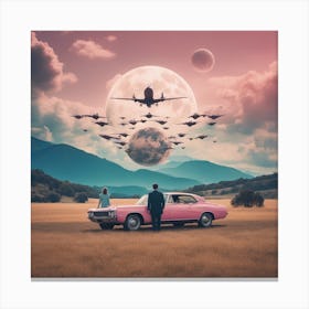 Make A Surreal Vintage Collage Of A Field With Planet Earth At The Center, A Couple Watching, Flying (14) Canvas Print