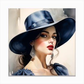 Beauty With Blue Hat And Dress - Watercolor Portrait Painting Canvas Print