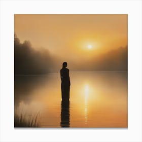 Woman Standing In Water At Sunrise Canvas Print