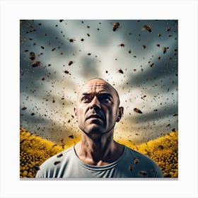 The Image Depicts A Man With A Shaved Head Standing In Front Of A Yellow Background Filled With Bees 1 Canvas Print