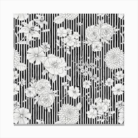 Flowers And Stripes Black White Square Canvas Print
