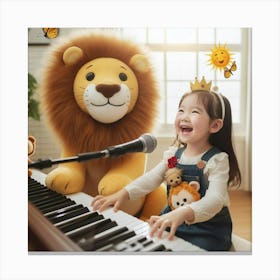 Little Girl Playing Piano With Lion 1 Canvas Print