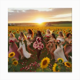 Bridesmaids In Sunflower Field Canvas Print