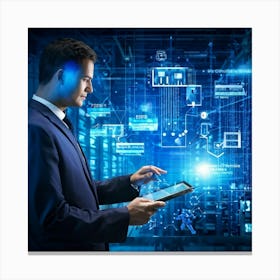 Abstract Cyber Industrial Icon Featuring A Futuristic Manager Interfacing With An Ai System Engagin (6) Canvas Print