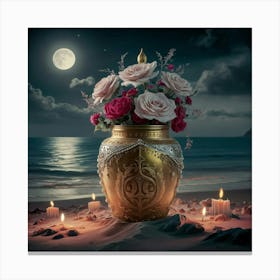 A golden jar on beach under moonlight 4 Canvas Print