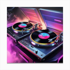 A Highly Detailed, Ultra High Resolution Illustration Of Two Vintage Turntables Spinning Vinyl Records, Blasting Vibrant, Neon Lit 80 S Music, Set Against A Moody, Smoky Background With Subtle Gradient Effects 2 Canvas Print